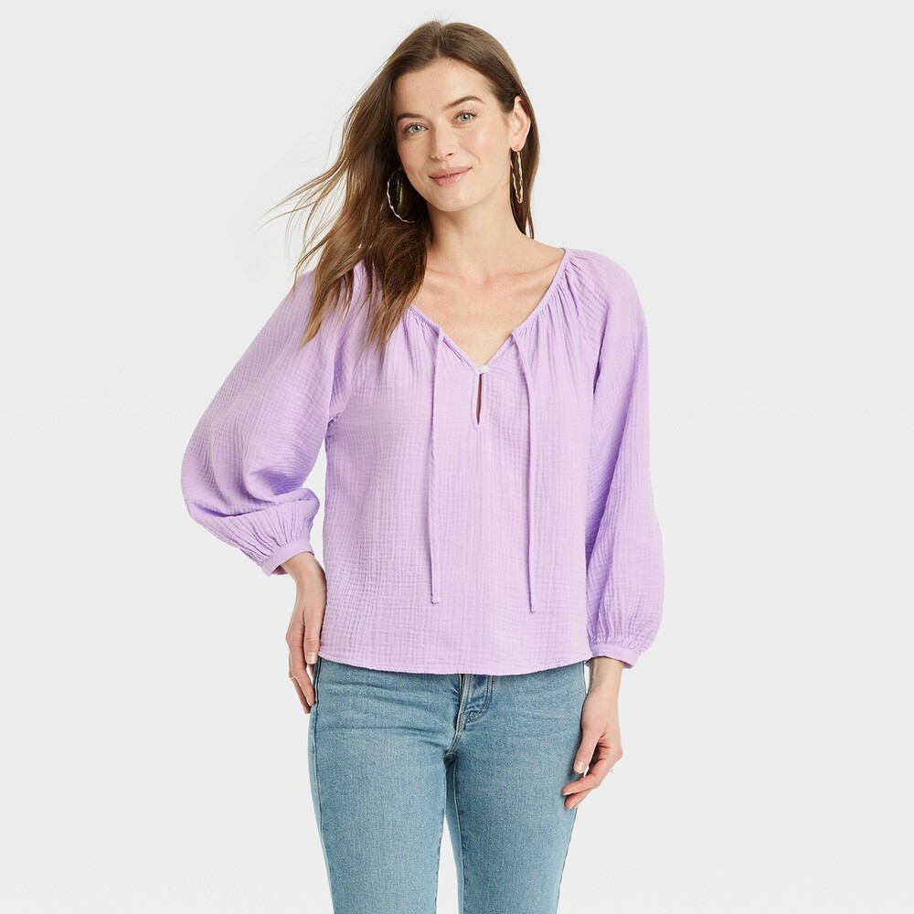 Balloon Long Sleeve Everyday Blouse Purple Large